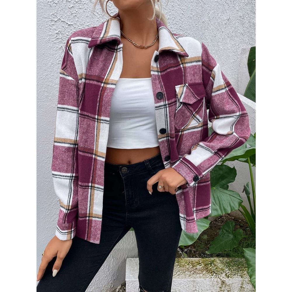Plaid Flap Pocket boyfriend shacket trucker jacket navy blue tan white - Picture 5 of 16